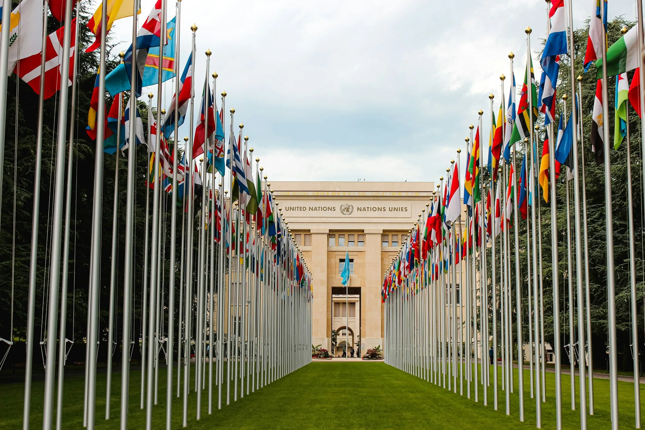Flags outside the United Nations buildings in Geneva